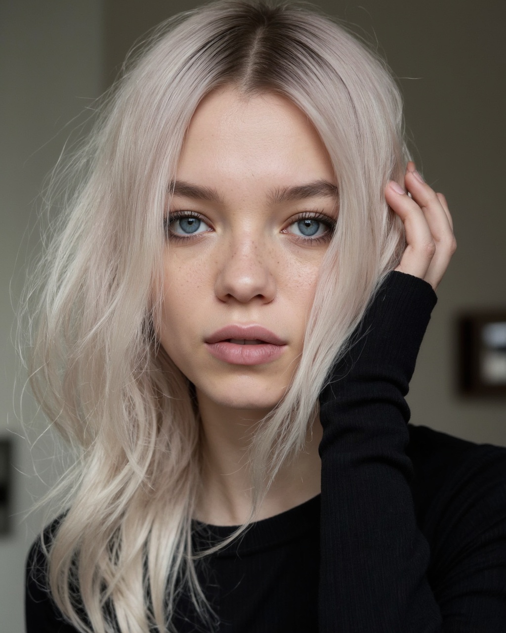 This is a high-resolution photograph of esme_cmiles with light skin and striking blue eyes. She has long,  platinum blonde...