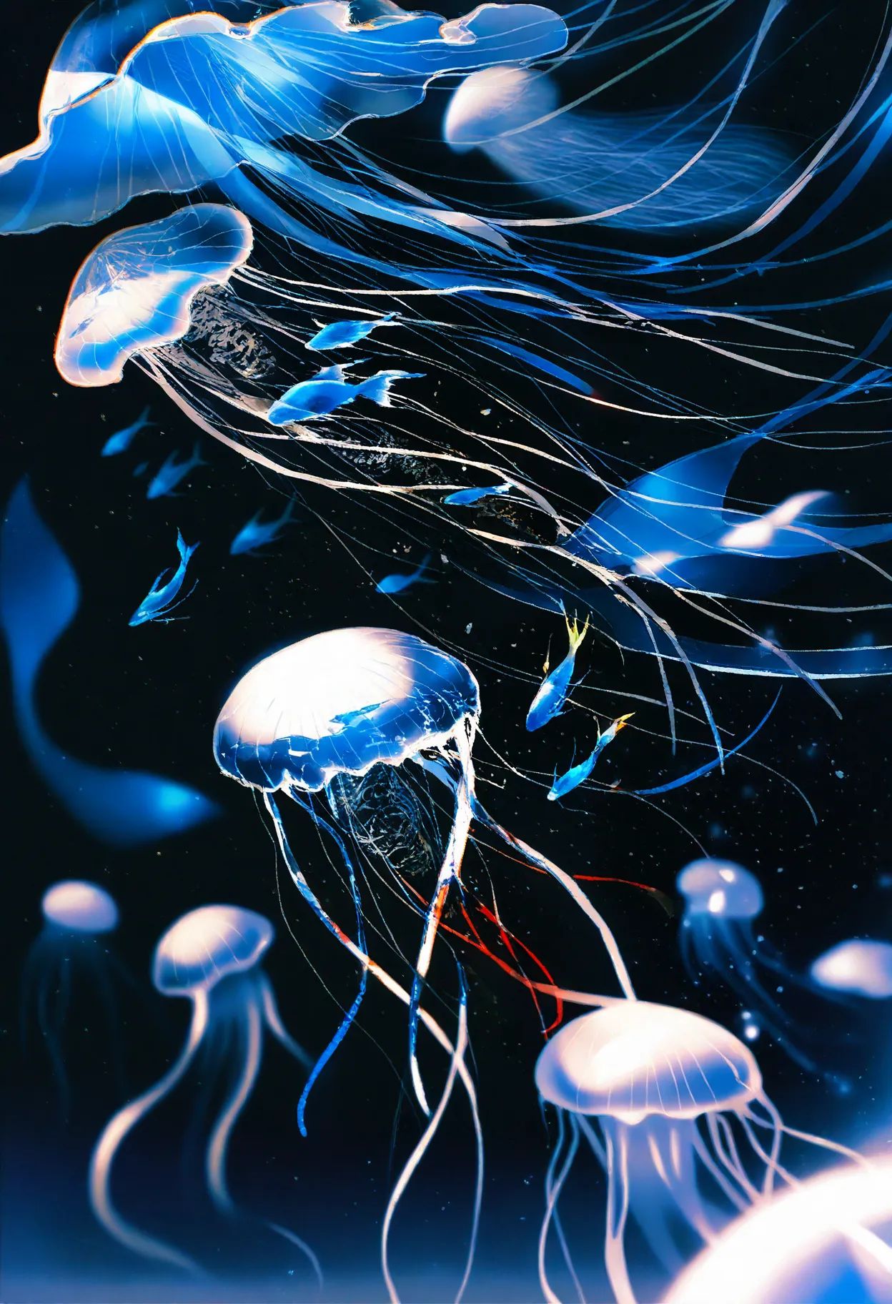A captivating abstract scene unfolds in a digital artwork, presenting a collection of jellyfish and a fish against a stark black backdrop. The creatures are rendered in shades of cyan and white, giving them a ghostly, ethereal quality.The central focus is a stylized white fish, adorned with intricate cyan markings that resemble splattered paint or watercolor effects. Its body is outlined with a delicate, almost translucent blue, and it sports a single visible black eye. Attached to the fish are thin, wispy blue appendages, suggesting fins or tendrils that seem to float in the dark space.Surrounding the fish are several jellyfish, each unique in shape and style. Some are depicted as simple, rounded forms with blue interiors, while others are more elaborate, showcasing flowing, translucent blue shapes that evoke the graceful movement of jellyfish in water. One jellyfish in the upper right corner is particularly detailed, resembling an abstract creature with flowing tentacles and a more defined bell shape.The overall effect is reminiscent of an underwater scene, illuminated by bioluminescence in the deep sea. The black background enhances the glowing quality of the blue and white figures, creating a dreamlike and visually striking composition. The artistic style suggests a digital painting or watercolor effect, emphasizing fluidity and organic forms. ,overexposure,contour deepening,lens flare,depth of field, (very vibrant colors:0.8), very high contrast, sketch, vivid colors, (saturated:1.0), colorful, very high colorfulness, deep black hues, submerged, pressure, cold atmosphere, dark atmosphere, rella, konya karasue, scratch art, color tracing