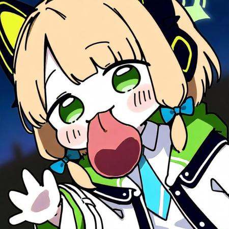 <lora:tongue out_ill-xl:1>,chibi,huge tongue, tongue out, upper body,waving,1girl,midori \(blue archive\),blue archive,aiamu iamu,holding food,holding,hooded jacket,food,sidelocks,:d,collared shirt,blurry,long sleeves,puffy sleeves,headphones,blue bow,hand up,necktie,halo,looking at viewer,jacket,sleeves past wrists,blush,nail polish,blue necktie,animal ear headphones,blurry background,blonde hair,shirt,green eyes,hood down,open clothes,depth of field,hood,smile,white jacket,fake animal ears,bow,puffy long sleeves,open jacket,solo,dress shirt,animal ears,white shirt,blue nails,hair bow,long hair,drawstring,sweet potato,