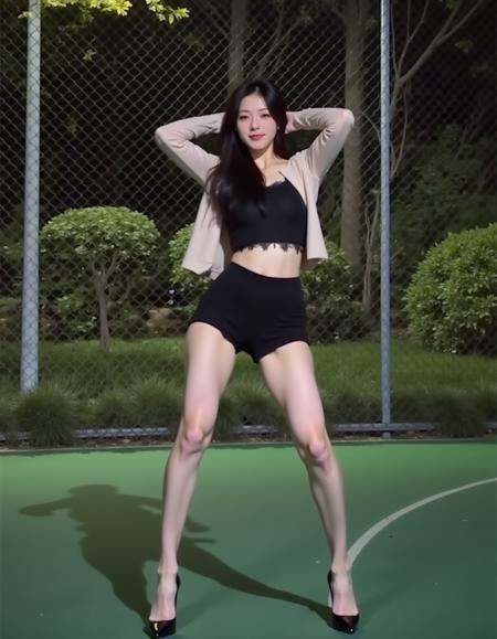 This is a photograph featuring a young Asian woman,  referred to as dygirl,  posing confidently on a green outdoor basketb...