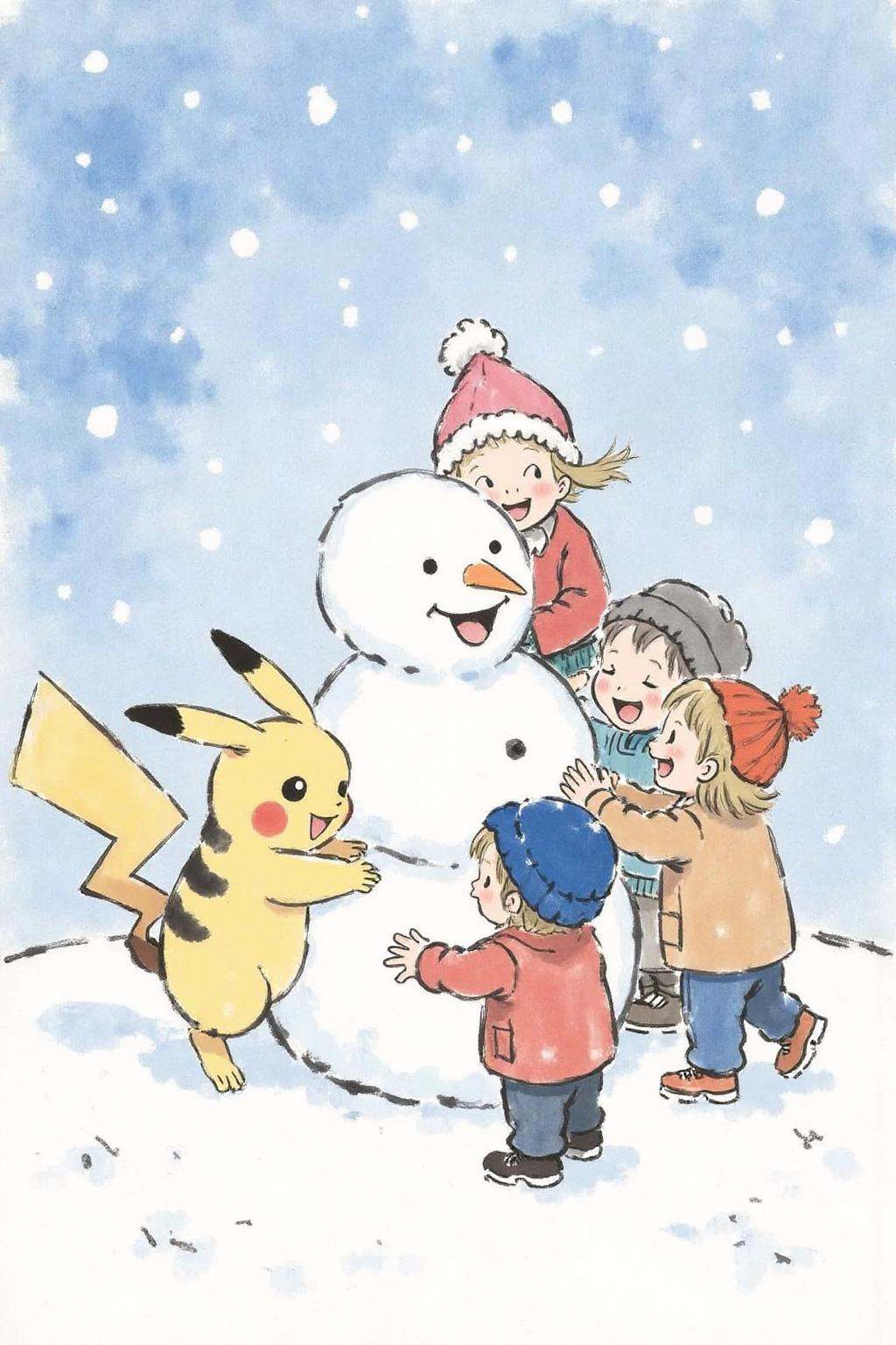xbh1 ink wash painting. Pikachu building a snowman with a group of small children in the snow. Snow is falling from a blue...