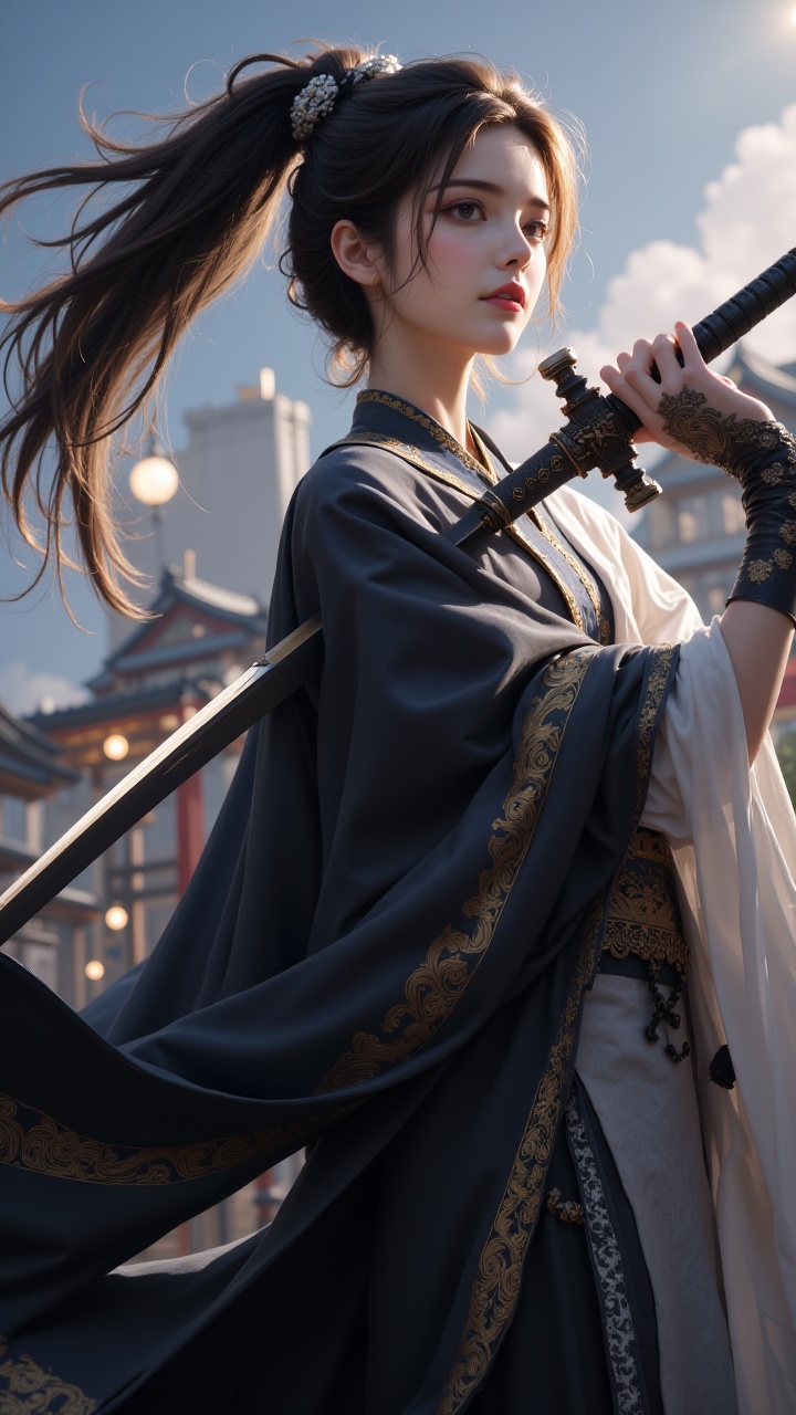 (masterpiece, best quality:1.2),1girl,with black hair,wielding a sword and a long sword,She holds the hilt with her left hand,facing upwards,while touching the sword with her other hand and placing it behind the sword. Her black Hanfu,men's clothing,magic sword,black long sword,uneven surface of the sword,upper body,above buttocks,outdoor,sky,solo,high ponytail,street lamp behind,light bulb,