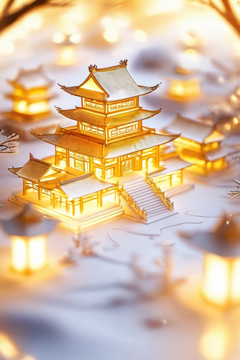 Microarchitecture,juanzhou,A digital art piece featuring a glowing, golden temple decked out in traditional East Asian style, surrounded by snow-covered trees and lanterns. The temple, all fancy with tiered roofs, sits in a snowy, chill landscape, with warm, golden lights casting a cozy glow. The background's a bit blurry, giving off a peaceful, magical vibe.,<lora:juanzhouv1:0.8>