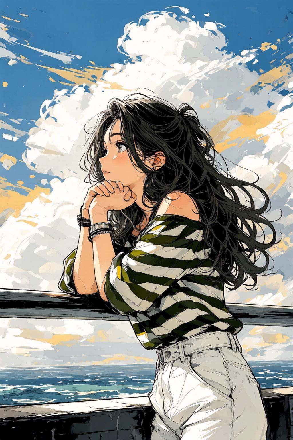 nijiwatercolor1q anime illustration.A young woman with long,  messy wavy black hair,  wearing a striped off-shoulder top w...