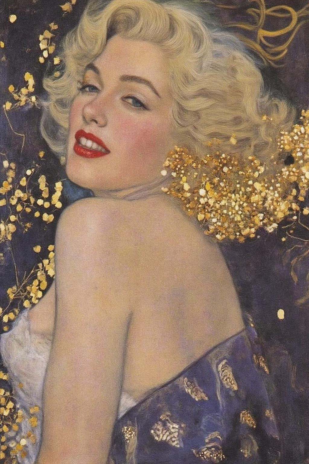 kl1mt painting.a portrait of a Marilyn Monroe She is depicted in a side view,  with her head turned slightly to the side....