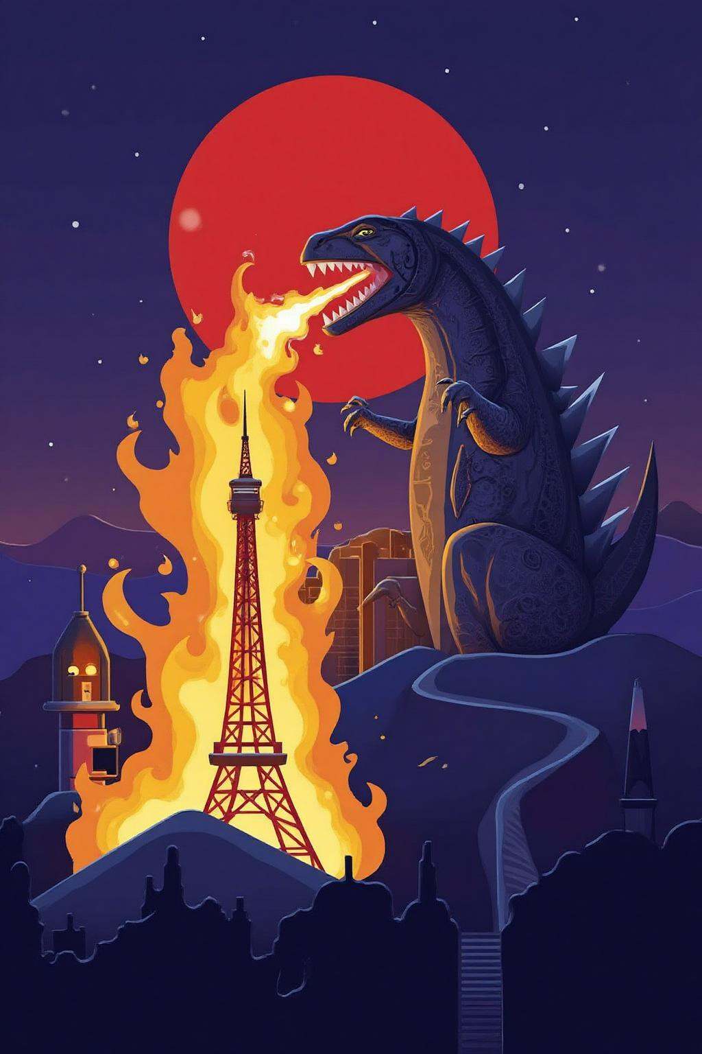 vector art. Godzilla breathing fire on Tokyo Tower. on Tensor.Art