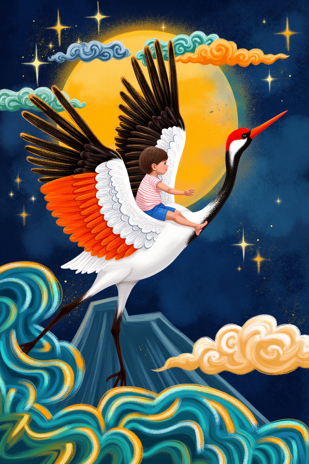SK,SK,A stylized painting of a Red-crowned Crane with vibrant colors,soaring through an atmospheric sky filled with clouds and stars.,A little girl riding on the back of a flying crane,