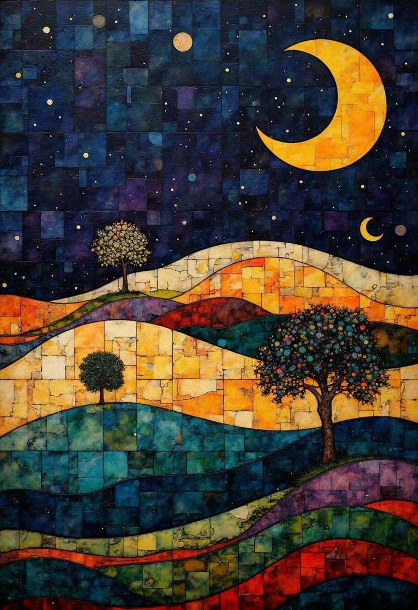 A digital painting depicting a surreal,  whimsical landscape under a starry night sky. The scene is dominated by rolling h...
