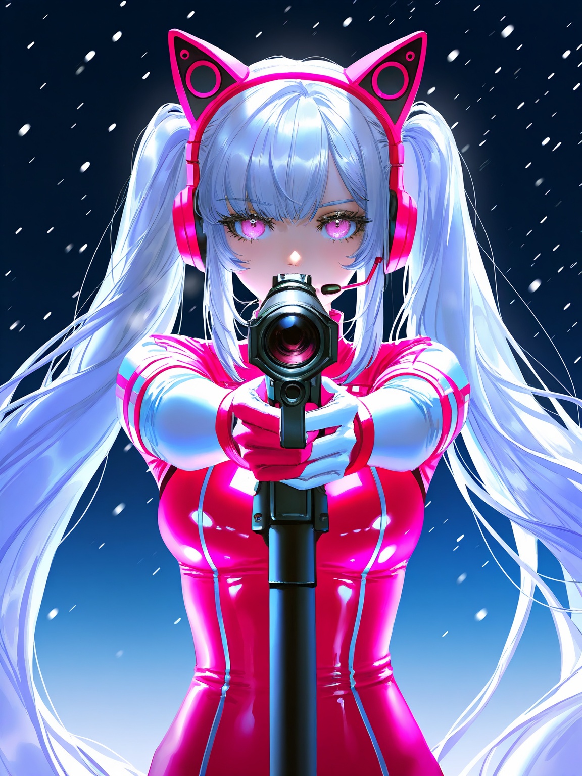 artist:john_kafka,artist:nixeu,artist:quasarcake, darkness, 1girl, sniper rifle, looking through scope, alicedef, pink eyes, white hair, twintails, very long hair, bangs, headset, fake animal ears, animal ear headphones, shrug \(clothing\), long sleeves, medium breasts, pink bodysuit, latex bodysuit, multicolored gloves, pink gloves, white gloves,  holding weapon, holding gun,  aiming at viewer,  happy, snowing, winter,   masterpiece, best quality, very aesthetic, absurdres