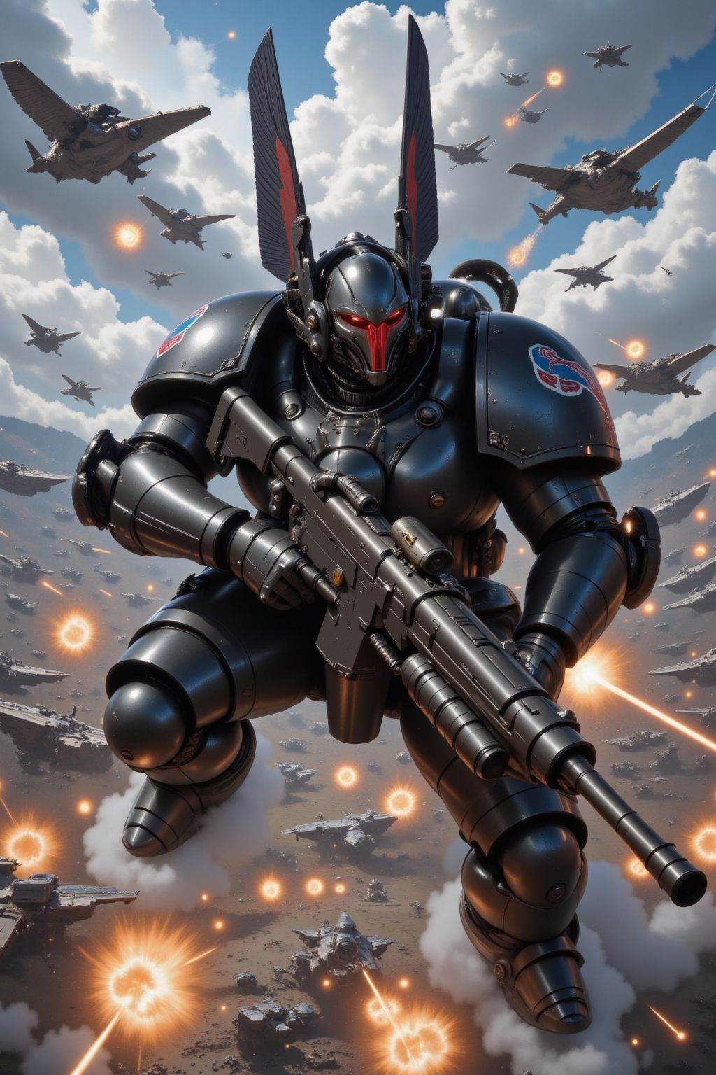The image depicts a large,  armored figure in a dark,  metallic suit with prominent wings on the helmet on Tensor.Art