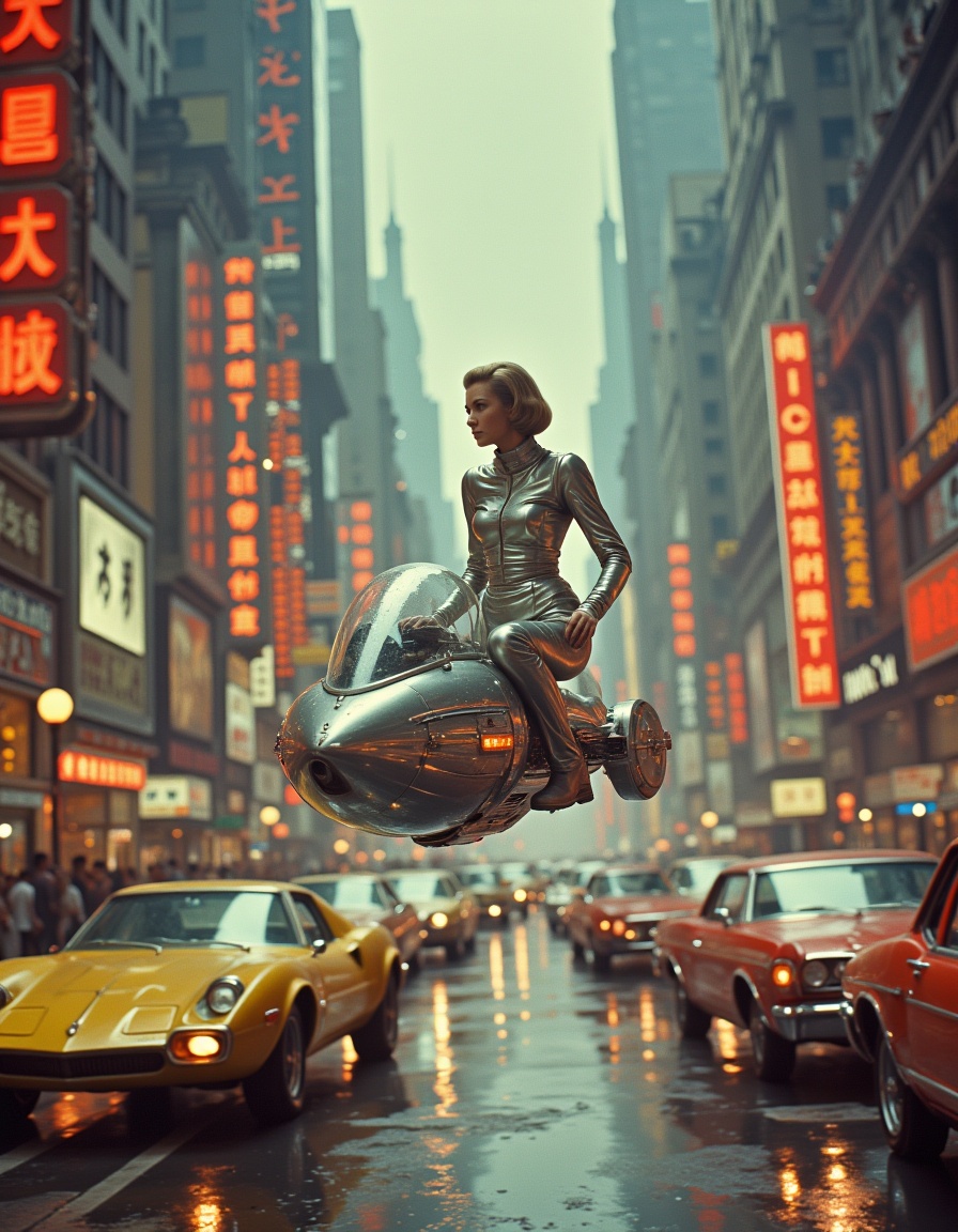 Vintage Sci-fi . Speeding through the crowded streets of a neon-lit futuristic city,  a woman in a sleek,  silver spacesui...