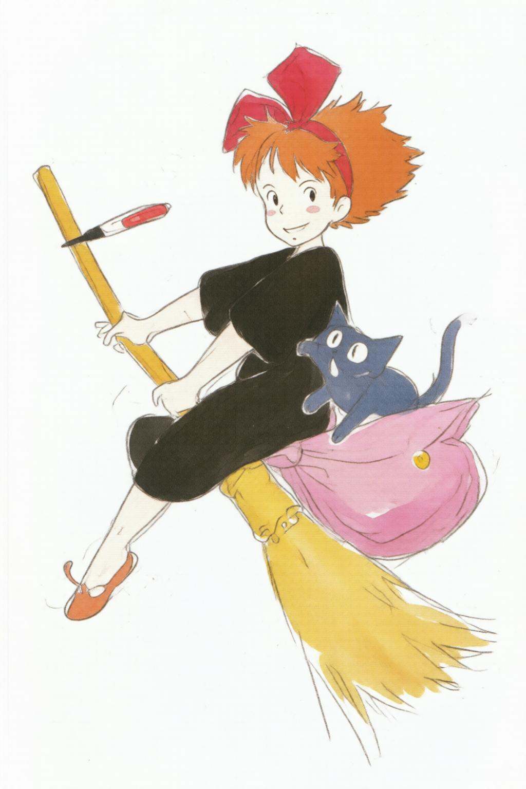 hayaomiyazaki3q illustration.A young girl,  Kiki,  with orange spiky hair wearing a black outfit and red bow on Tensor.Art