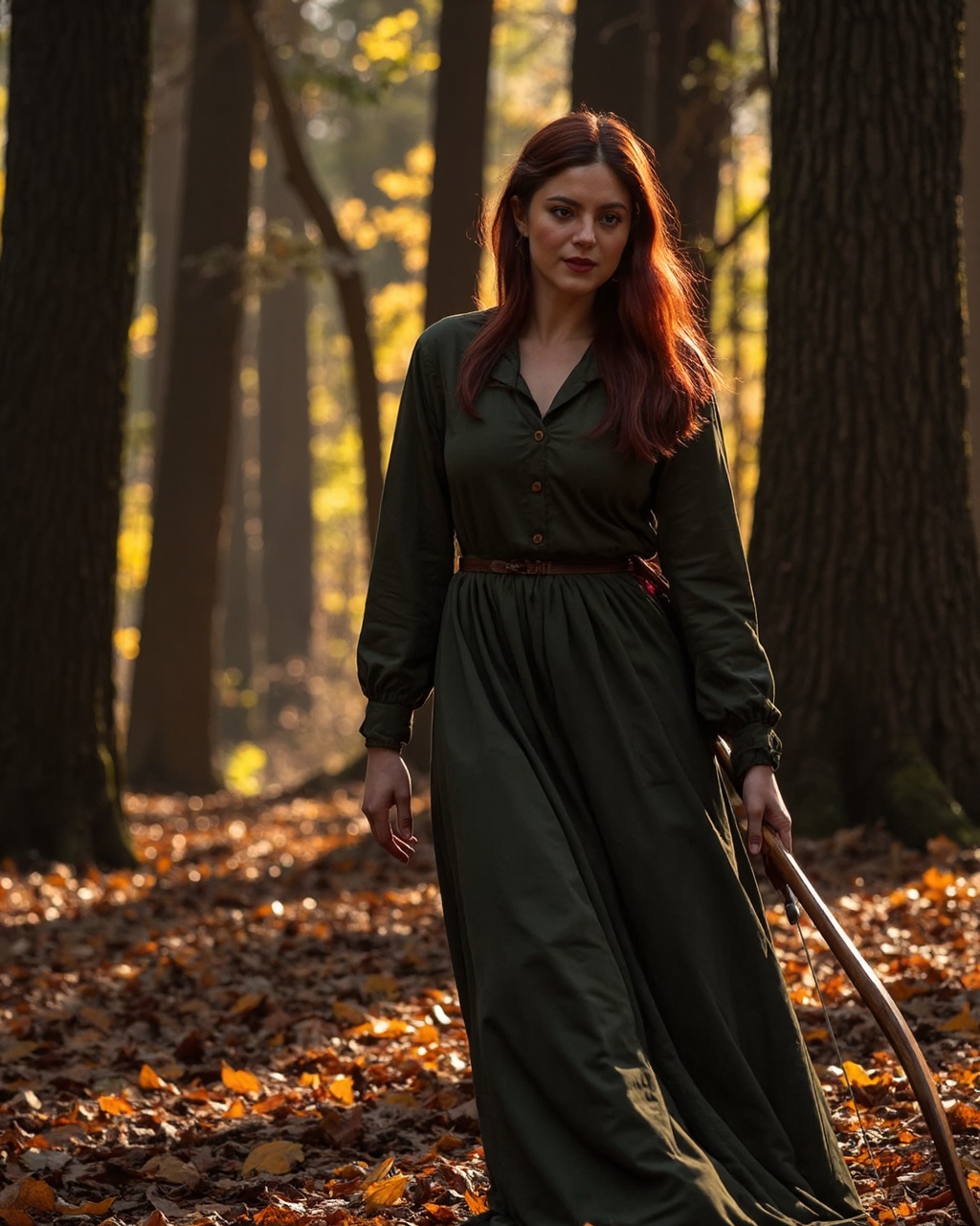 A photograph capturing monica_barbaro standing amidst a forest filled with fallen autumn leaves. monica_barbaro has long,...