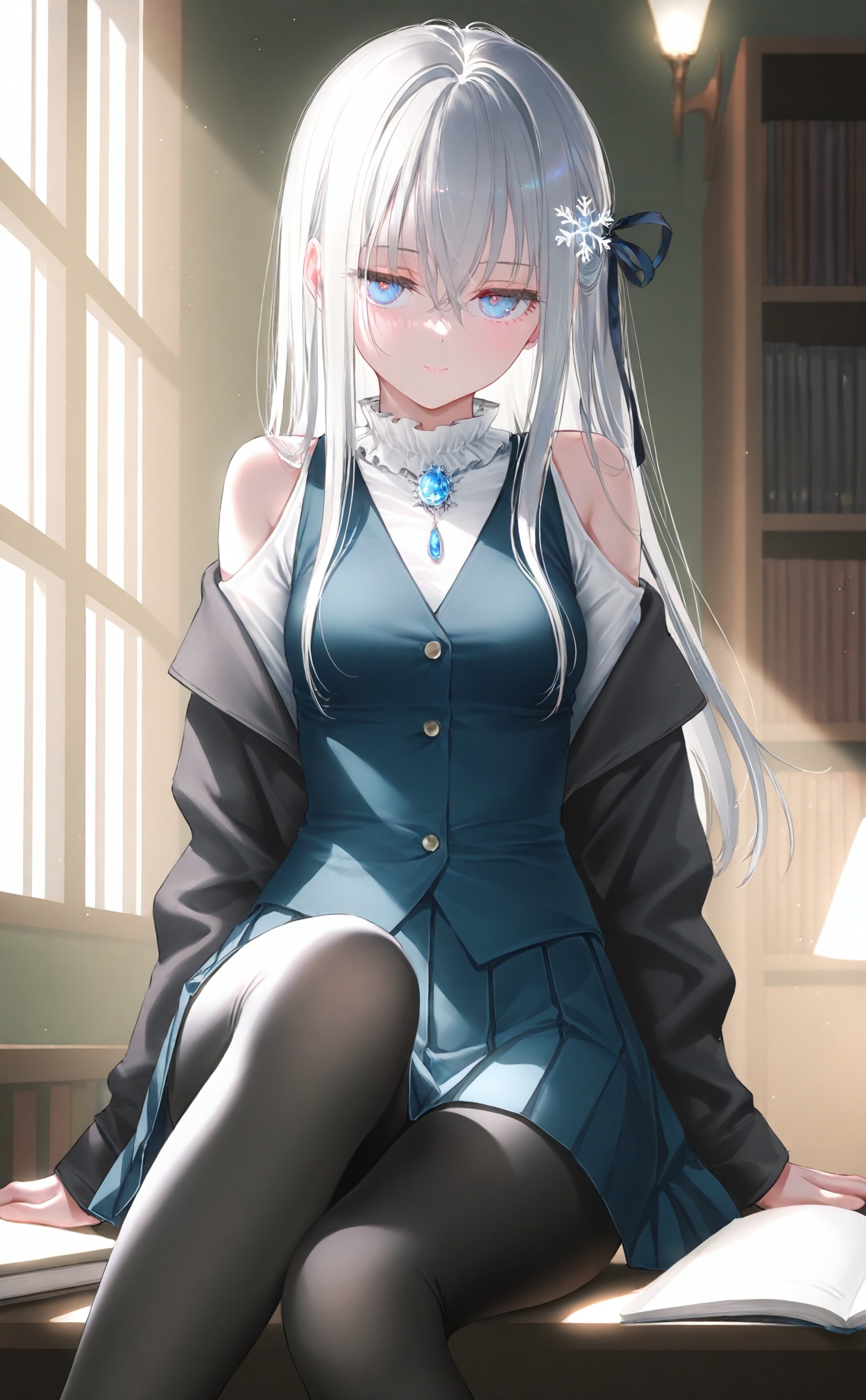 masterpiece,best quality,high quality,loli,(artist:ningen_mame:0.9),(artist:sho_(sho_lwlw):0.9),(artist:rhasta:0.9),(artist:wlop:0.7),(artist:ke-ta:0.6),(fkey:0.5),(tianliang duohe fangdongye:0.5),(hiten \(hitenkei\):0.6),loli,1girl,solo,blue eyes,white hair,(long hair),hair between eyes,medium breasts,white_shirt,frilled collar,pleated skirt,long sleeves,brooch,snowflake hair_ornament,waistcoat,black leggings,(open jacket),shoulder cutout,hair ribbon,sitting,looking at viewer,(jitome),half-closed eyes,[light_smile],depth of field,indoors,bookshelf,bookcase,counter,(french window),pendant lamp,open book,sunlight,light particles,masterpiece,bestquality,[Artist miwano rag],[Artist toosaka asagi],[Artist wlop],[Artist chen bin],[iumu],omochi_monaka,