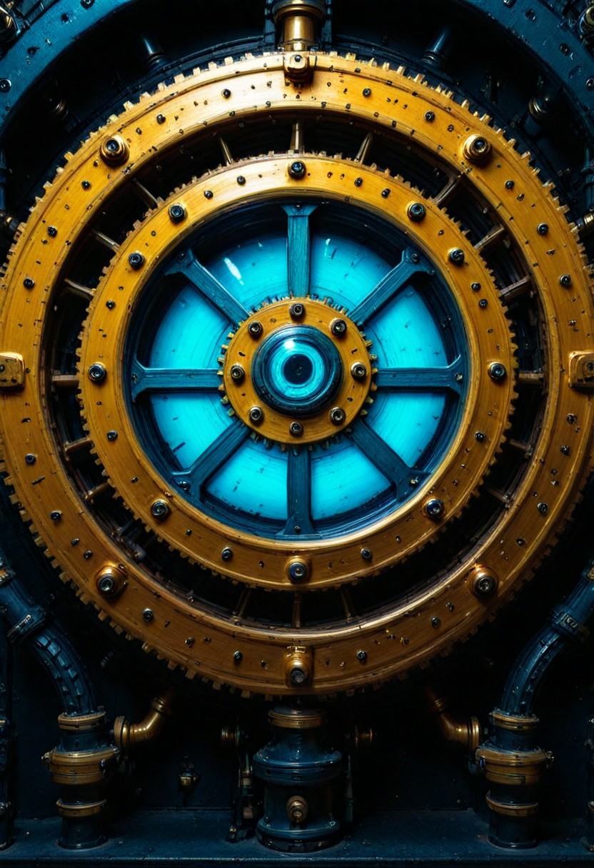 Huge gears glow in neon blue and purple,  with a smooth metal texture that looks like it was laser cut. This gear rotates...