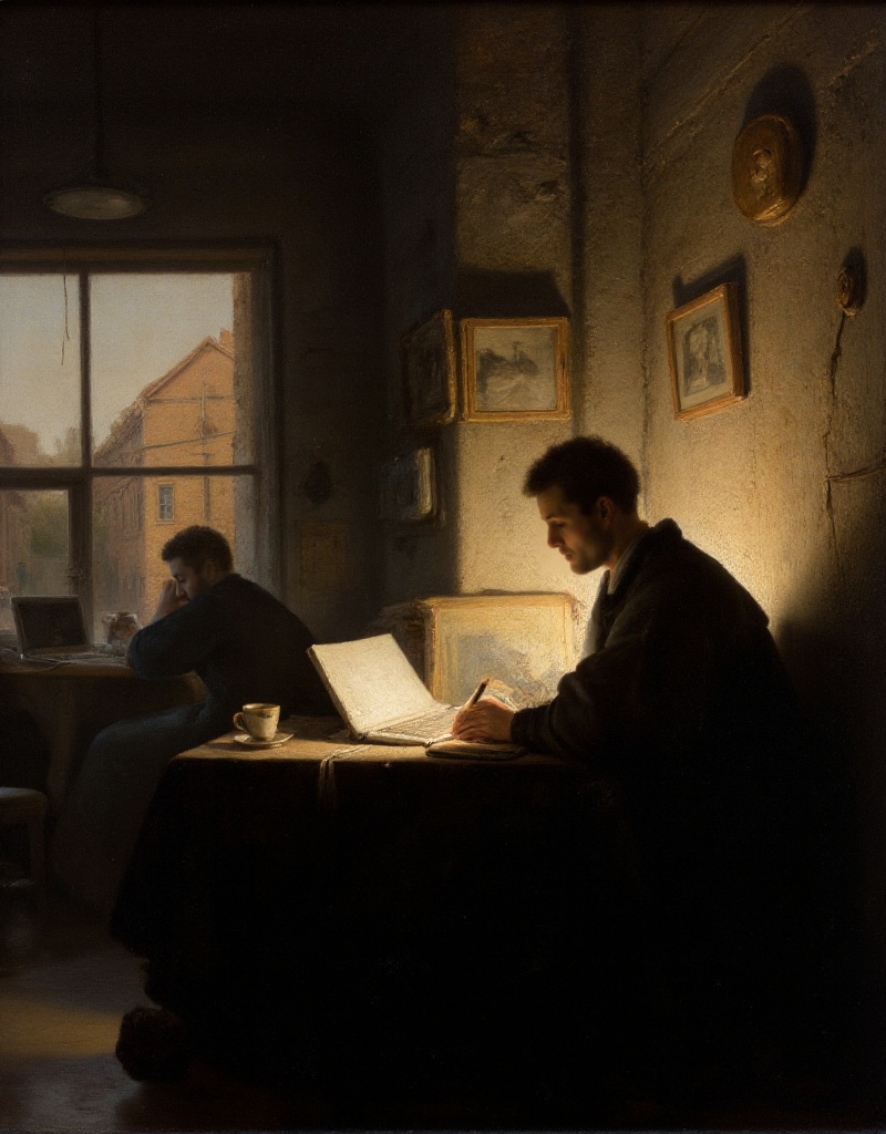 rembrandt style,  painting. a man is working on a laptop next to a starbucks coffee. on Tensor.Art