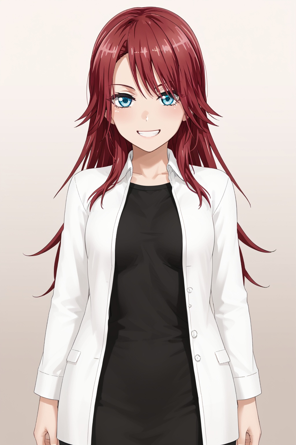 Udagawa Tomoe，smile, bangs, blue eyes, red hair, udagawa tomoe，smile, long hair<lora:ba:0.8>