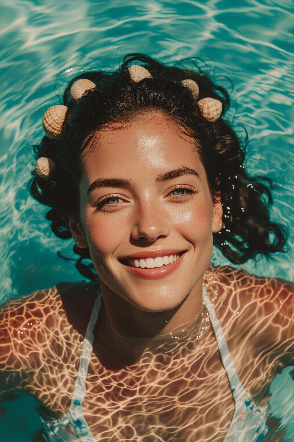midjourneymix10q photograph. analog photograph. walterbaumhofer1. A woman with dark,  curly hair adorned with seashells sw...