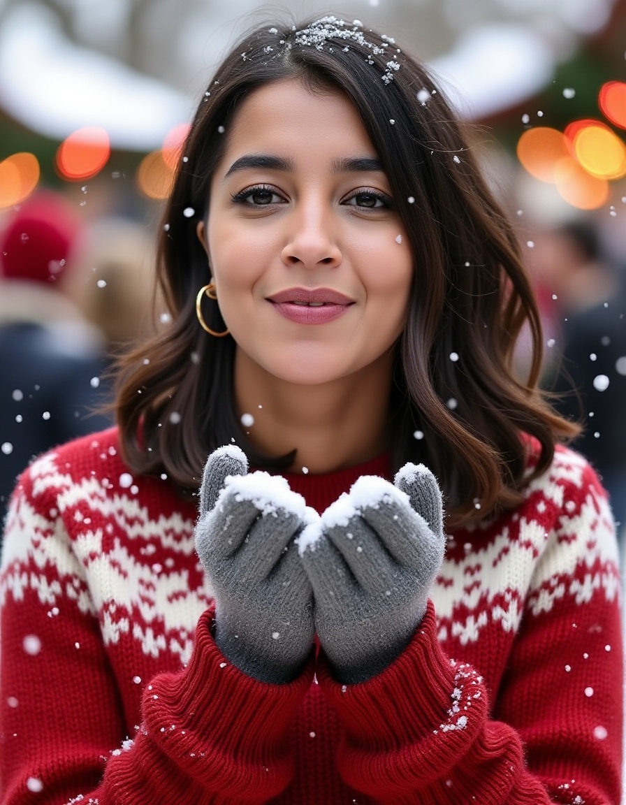 The scene captures a joyful young woman immersed in a winter wonderland. She is blowing a handful of snowflakes into the a...