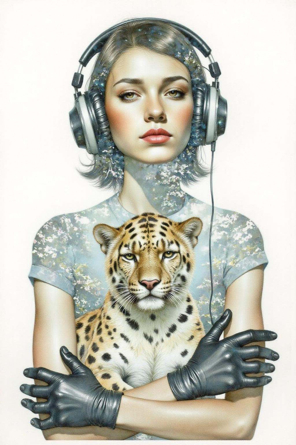 Portrait painting. A stylish young woman,  wearing oversized headphones,  lounges owith an air of cool detachment. She don...