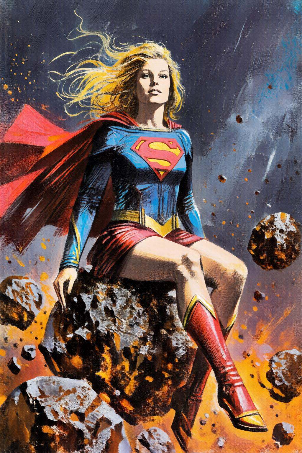 giannirenna2q illustration. Supergirl posing while sitting on top of a meteorite. She has long,  flowing blonde hair,  sty...