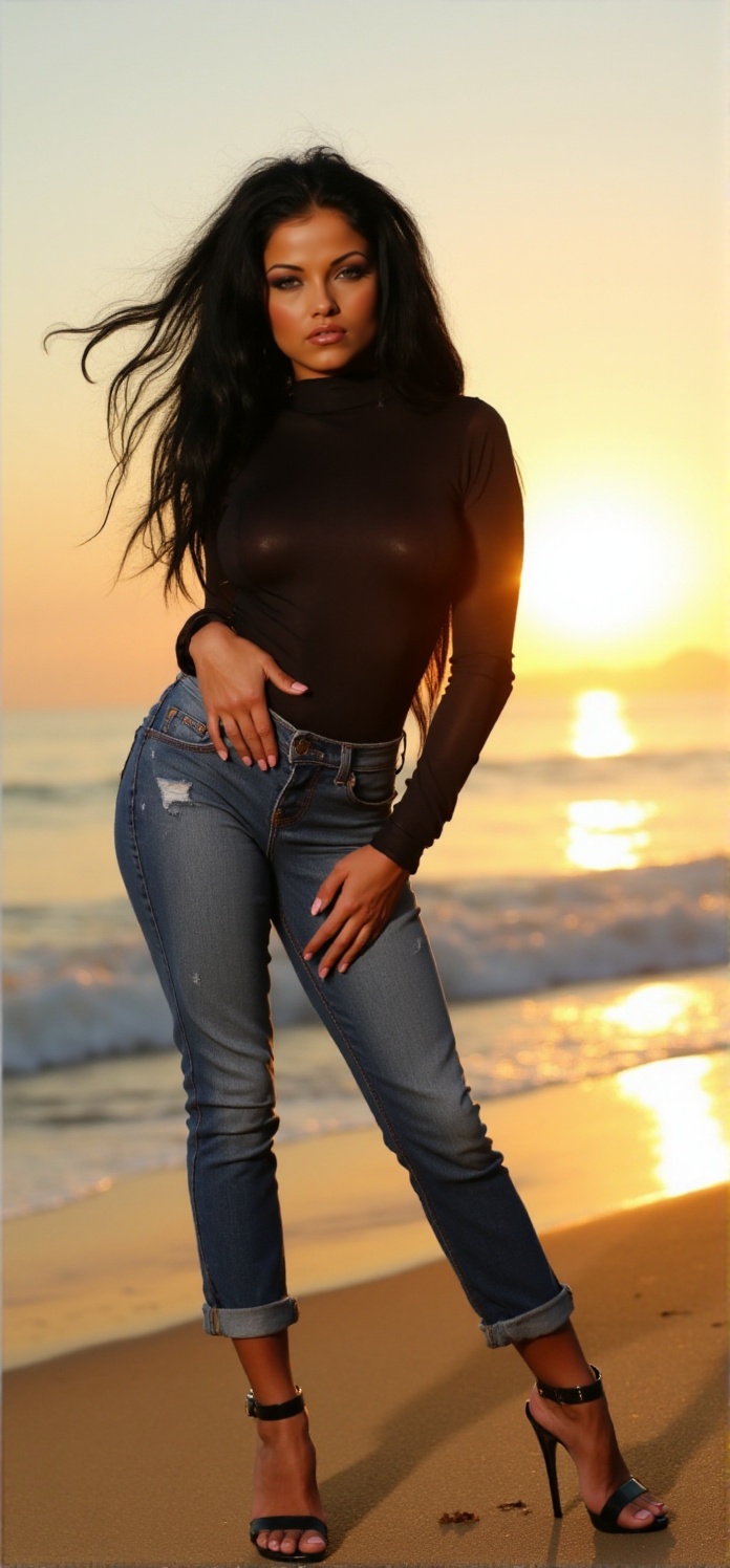 lanny barbie,  full body,  a woman with black long hair. She wears a turtleneck and a tight jeans and higheels. She poses...
