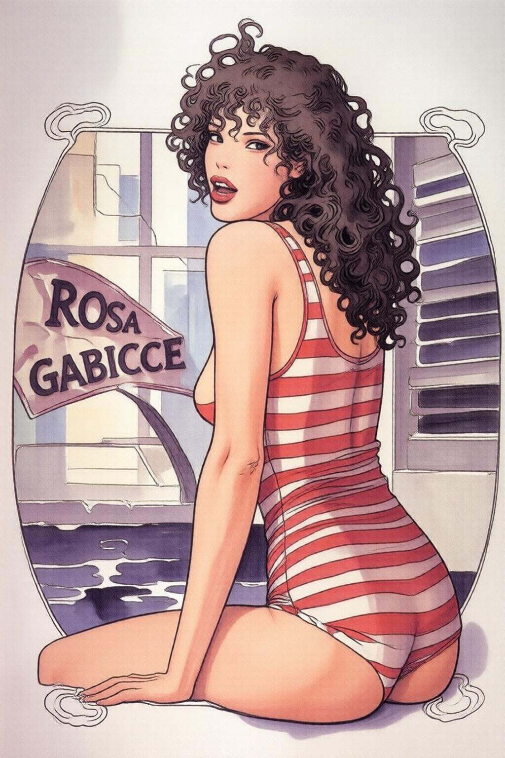 milomanara7q illustration. A woman in a red striped bathing suit. The woman has long dark curly hair. She is sitting in fr...