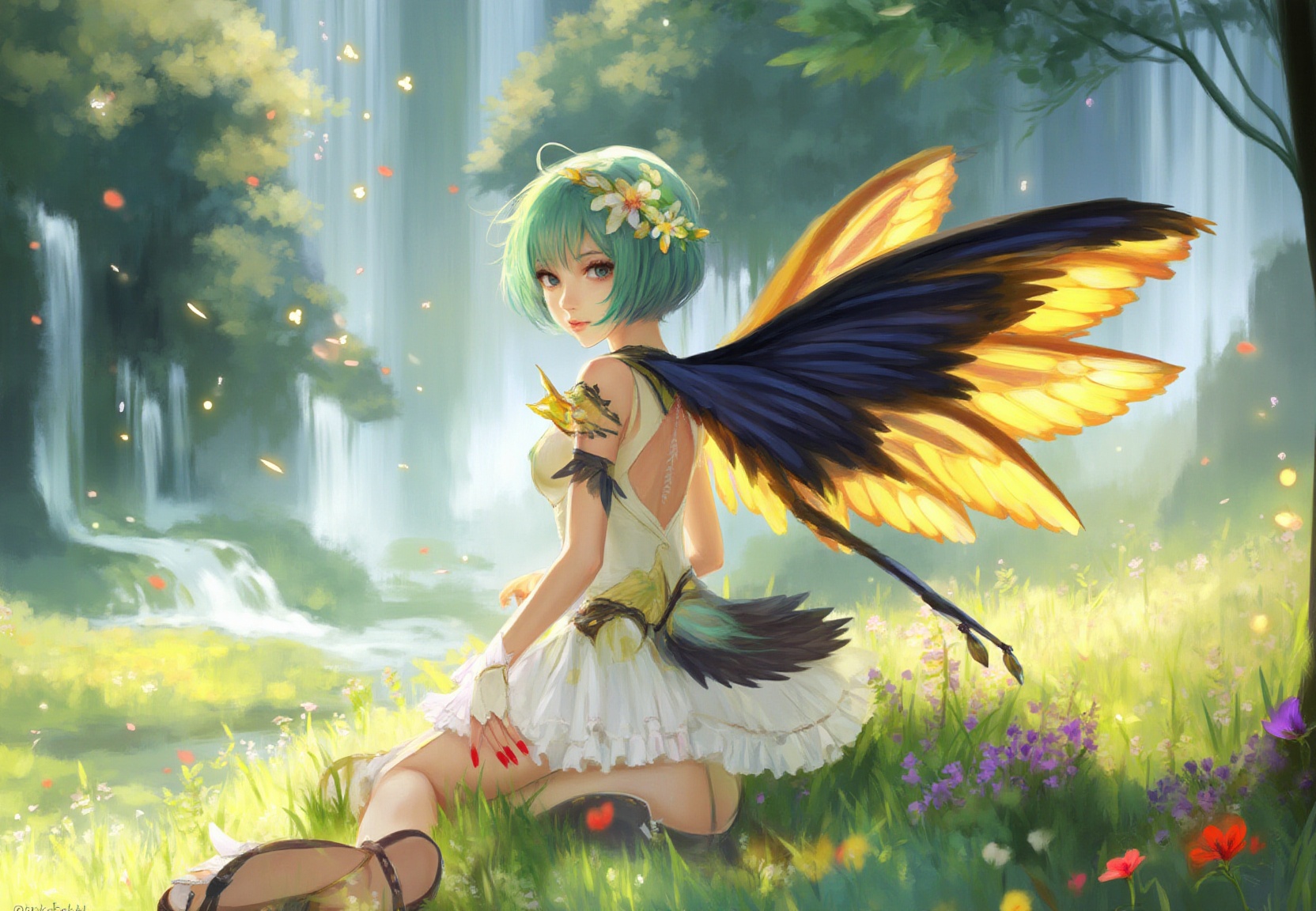 anime style picture,  "manga style image: A airy fantasy angel-winged scandinavian woman with vibrant green hair styled in...