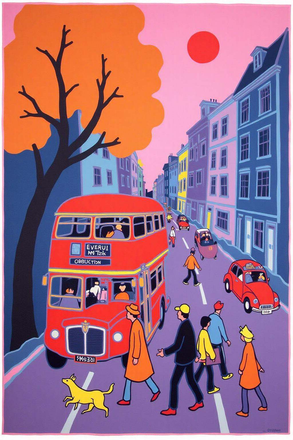 teha1 illustration.A bustling city street scene. The artwork features a vibrant,  urban environment with a focus on a busy...
