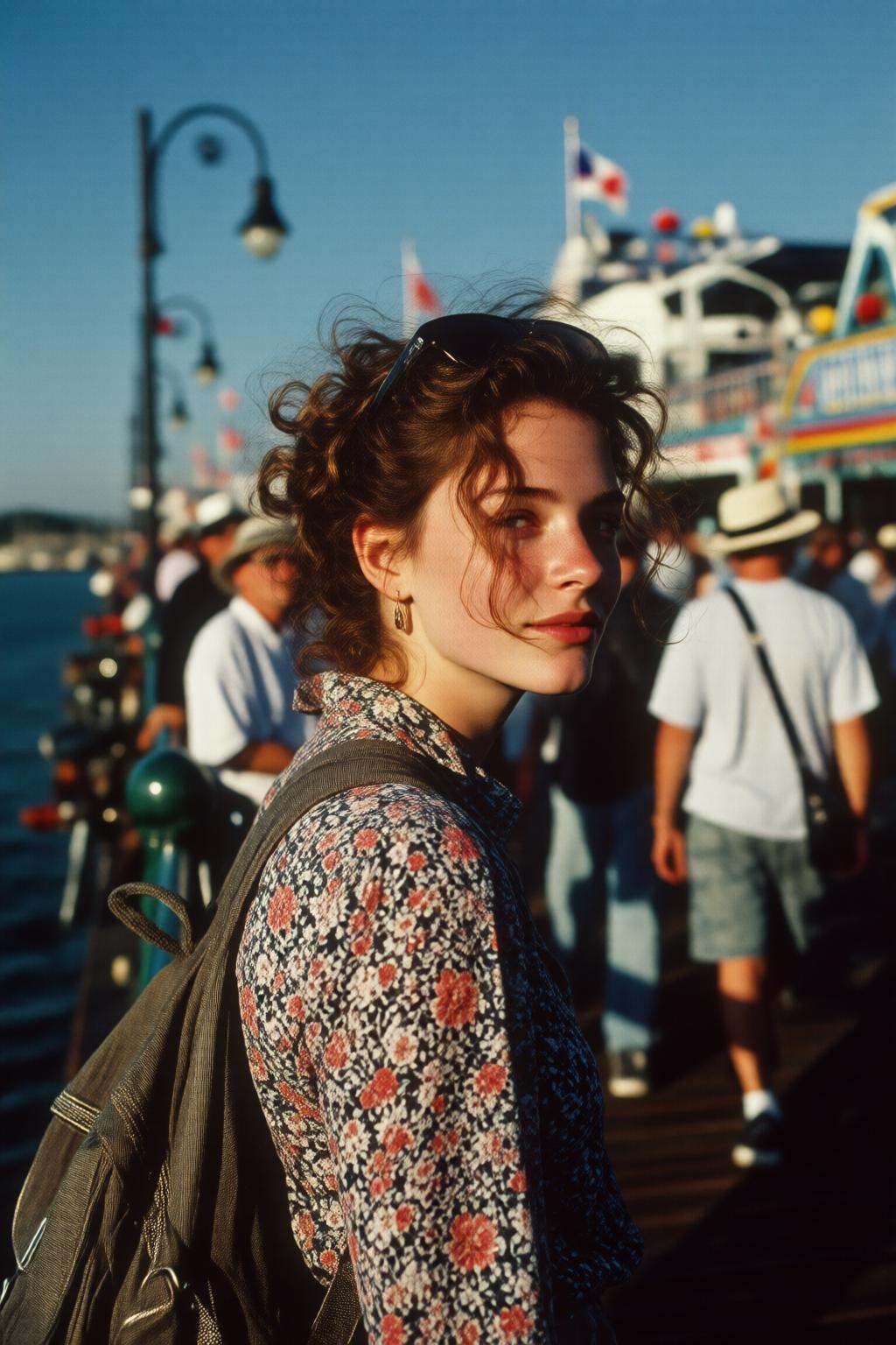 midjourneyanalog9 photograph.A young European woman,  shown in side profile,  stands outdoors near a waterfront on Tensor.Art