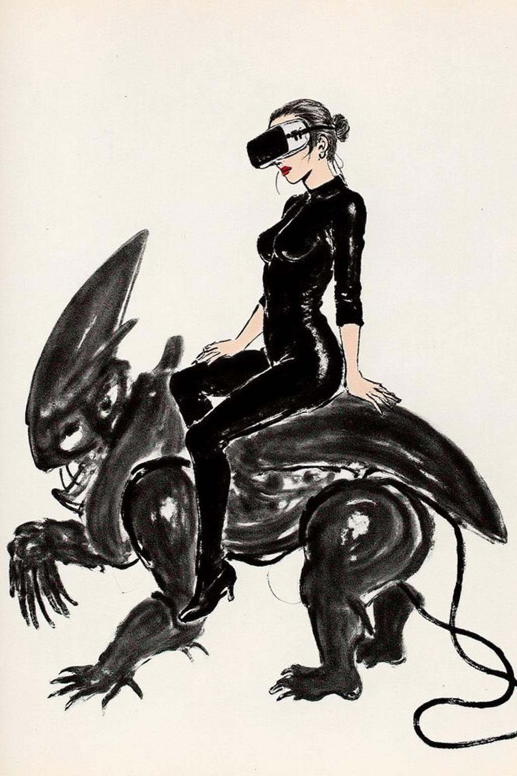 qbs1 ink wash painting futuristic scene depicts a woman dressed in sleek,  form-fitting black leather attire,  sitting con...
