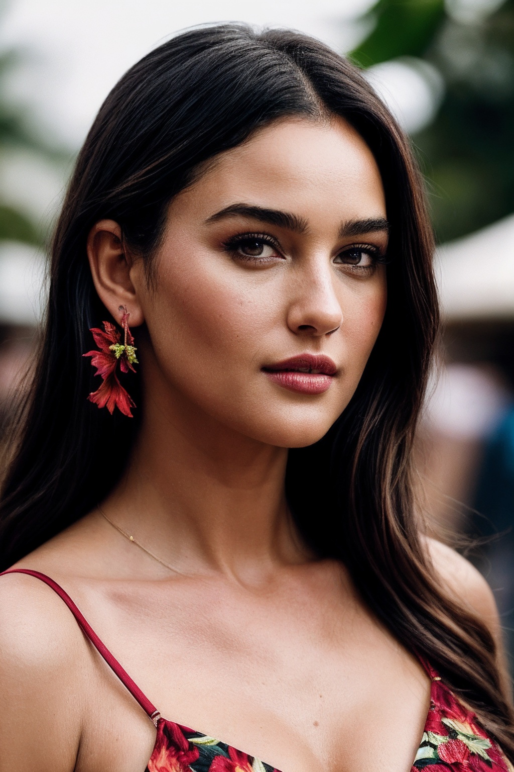 MonicaB_SoloTI_v1,  (In a vibrant tropical dress,  with a hibiscus flower in her hair on Tensor.Art