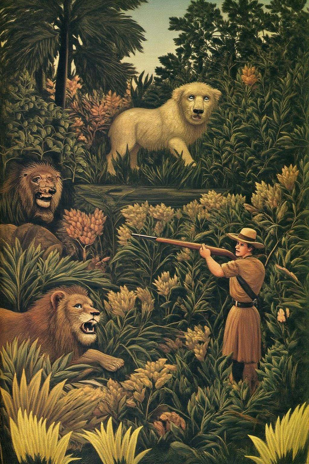 henrou1 paintingA detailed,  vivid depiction of a jungle scene with a dramatic,  almost theatrical mood. The scene feature...