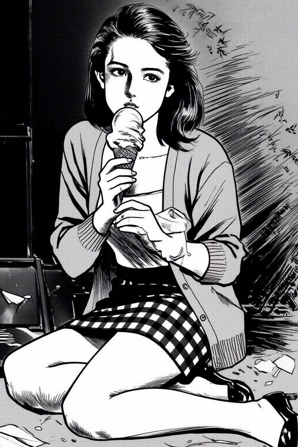 ryoichiikegami2q illustration. Black and white drawing.A woman,  sitting on the ground eating ice cream. She is wearing a...