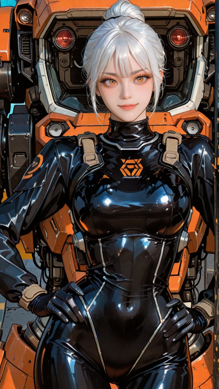 A beautiful girl with white hair,  wearing black and orange high-tech mecha armor. The background is pure white. She has a...