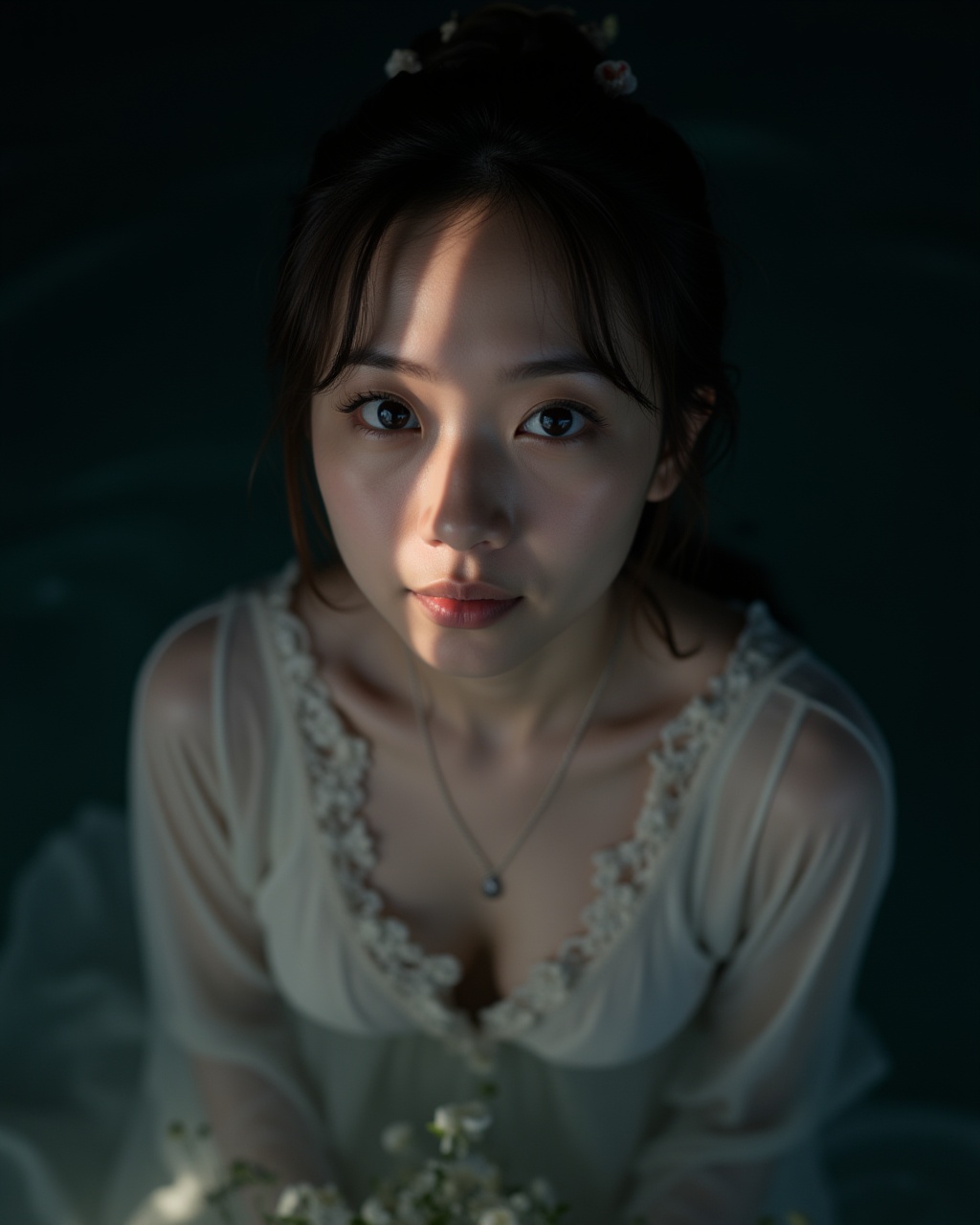 a woman in hanfu,  standing in the water,  a beam of light on her face on Tensor.Art