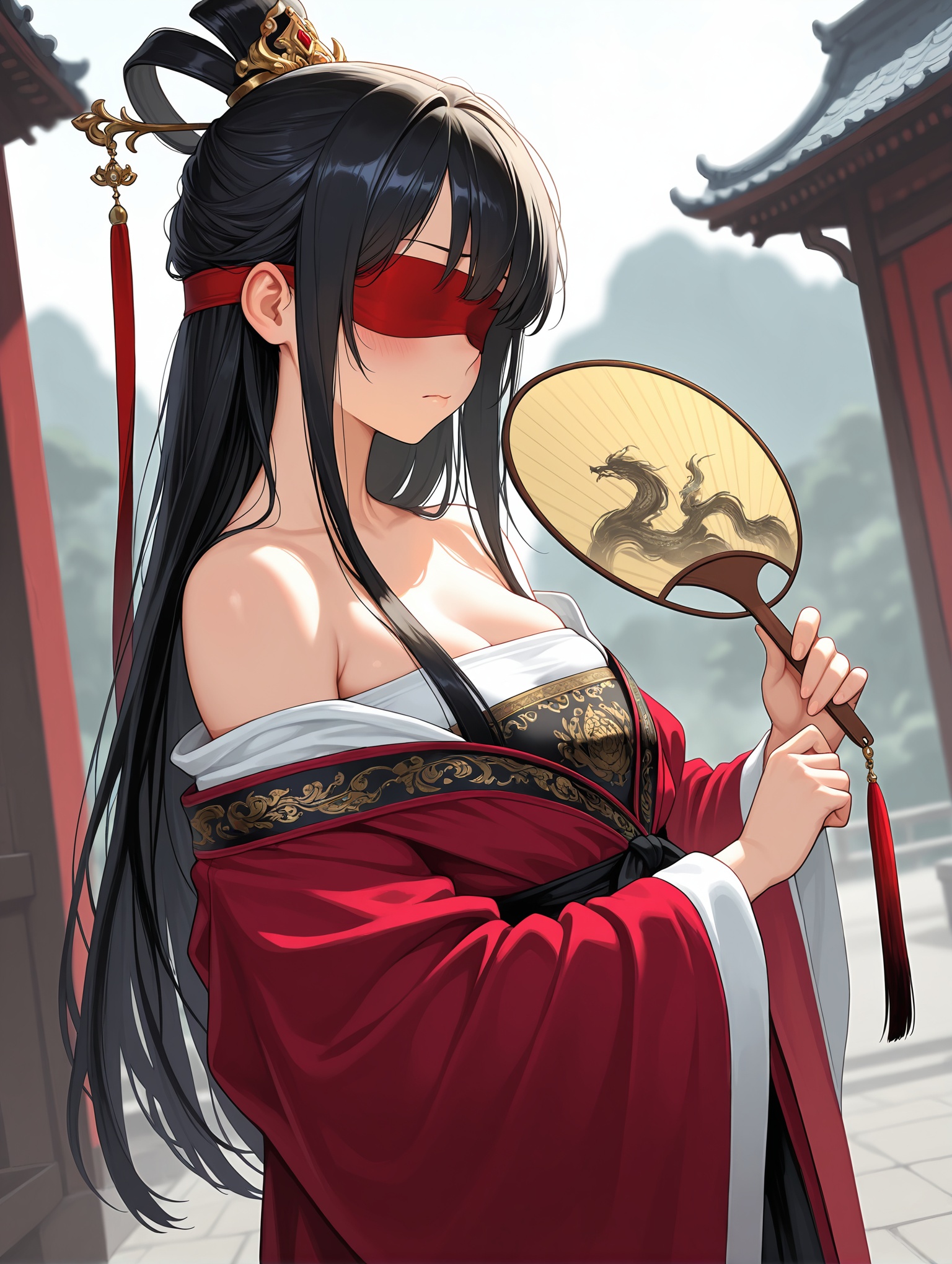 1girl, solo, long hair, bust, blindfold, blush, black hair, hair ornament, long sleeves, holding, off shoulders, closed mouth, standing, epic image, badass, masterpiece, dramatic atmosphere, brush strokes, wallpaper, blurry background, dutch angle, upper body, outdoors, wide sleeves, off shoulder, hand fan, holding fan, hanfu,masterpiece,best quality,amazing quality,