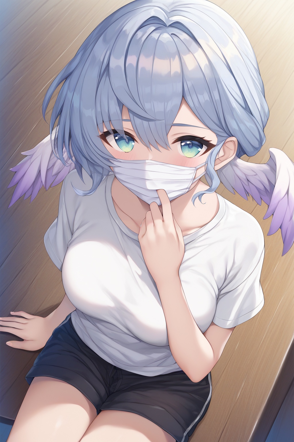 score_9,score_8_up,score_7_up,score_6_up,score_5_up,score_4_up,source_anime,source_cartoon,<lora:robinTUPONYXL-000008:1>,robin \(honkai: star rail\),1girl,solo,head wings,shirt,shorts,mouth mask,black shorts,looking at viewer,mask,white shirt,breasts,sitting,blush,green eyes,grey hair,mask pull,hand on own chest,closed mouth,hair intakes,short sleeves,short shorts,short hair,medium breasts,head wings,from above,