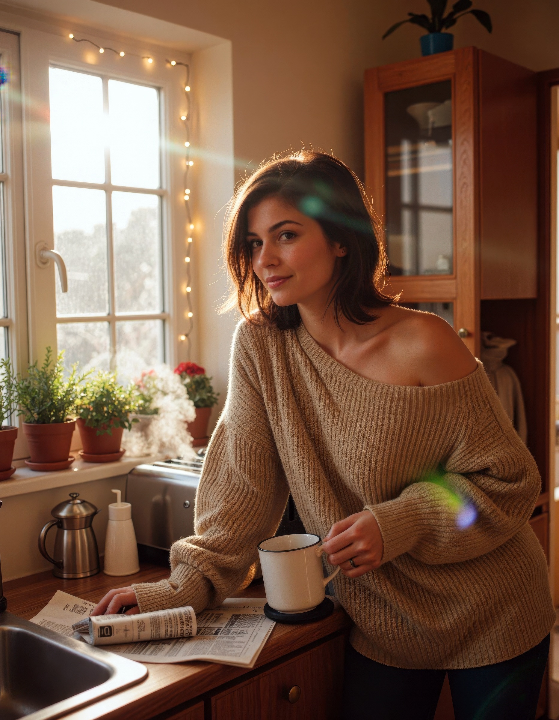 ***** woman in her 30s with olive skin and tousled dark brown hair wearing an oversized oatmeal knit sweater slipping off...