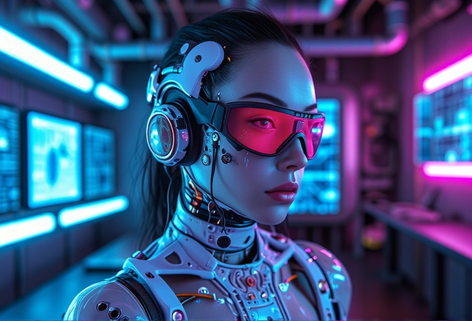 A close-up of a cybernetic character with intricate facial implants and neon-lit goggles. The setting is indoors in a ster...