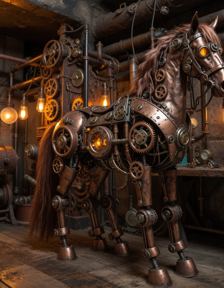 high quality,  cinematic,  a worn dirty steampunk robo horse made of copper is looking at the viewer with glowing amber ey...