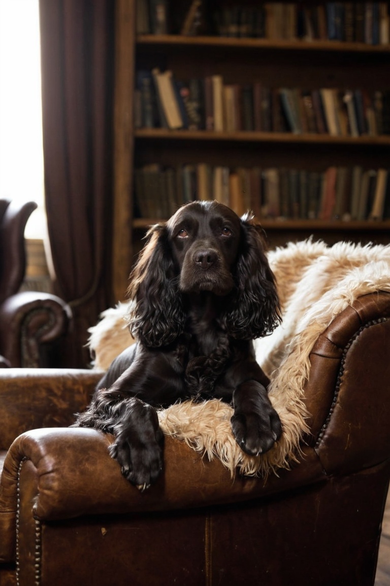 Portrait of a Cocker Spaniel on an old leather armchair in a vintage-styled room,  one paw hanging over the edge,  fur sli...