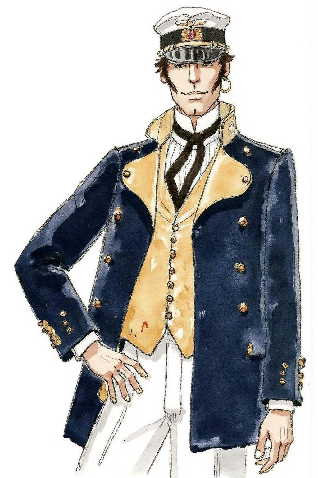 hugop1 illustration.Watercolor illustration depicting a man in a naval uniform. He is standing confidently,  with a slight...