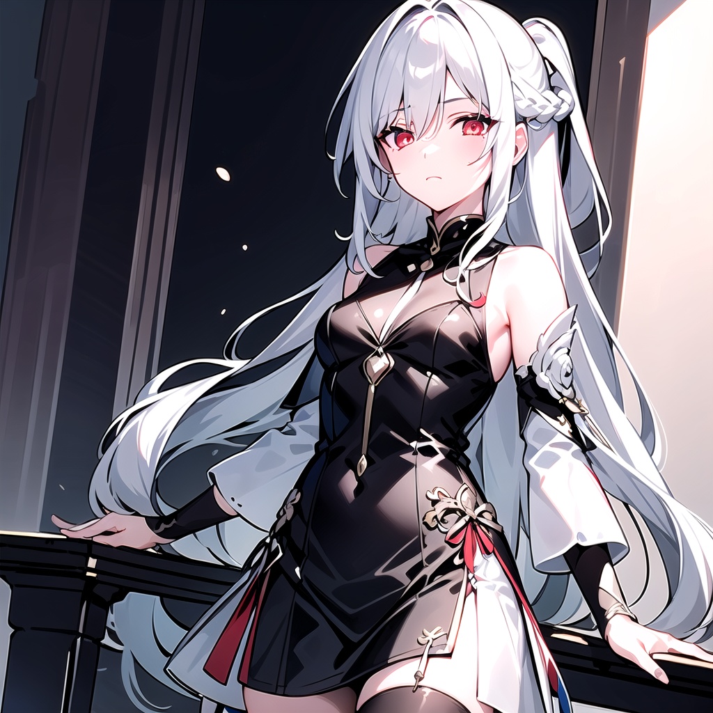1girl,solo,long hair,breasts,looking at viewer,bangs,red eyes,thighhighs,long sleeves,dress,hair between eyes,bare shoulders,medium breasts,very long hair,closed mouth,standing,ponytail,braid,white hair,cowboy shot,detached sleeves,sleeveless,black dress,sleeveless dress,jing,