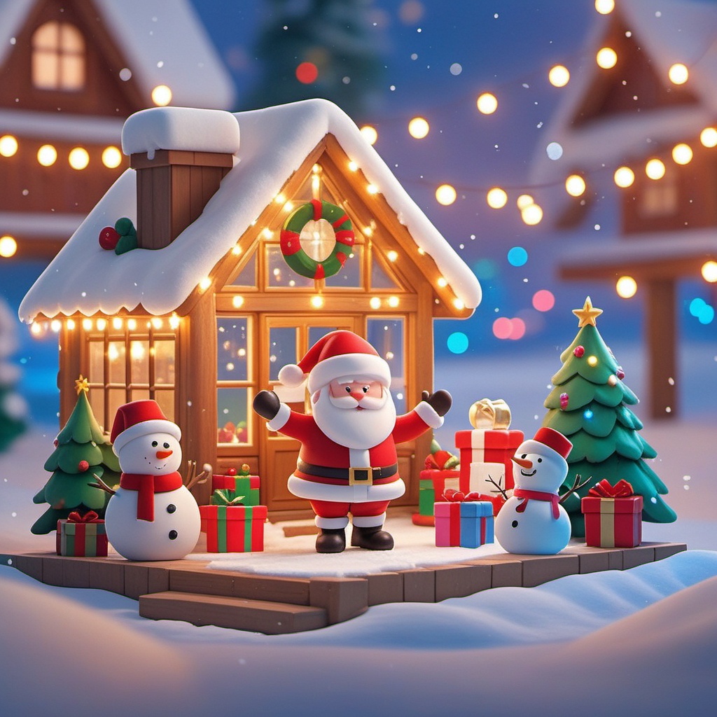 shengdan, A whimsical, snow-covered scene features a jolly Santa Claus with a rosy face, a bushy white beard, and a red suit, chilling next to a snowman in a top hat and scarf. They're in front of a cozy, glass-enclosed wooden cottage decked out with Christmas lights and a little Christmas tree. Snow-covered presents and a snowman are scattered around. The background boasts a snowy forest with twinkling lights, creating a magical holiday vibe.,<lora:shengdan_v1:0.8>