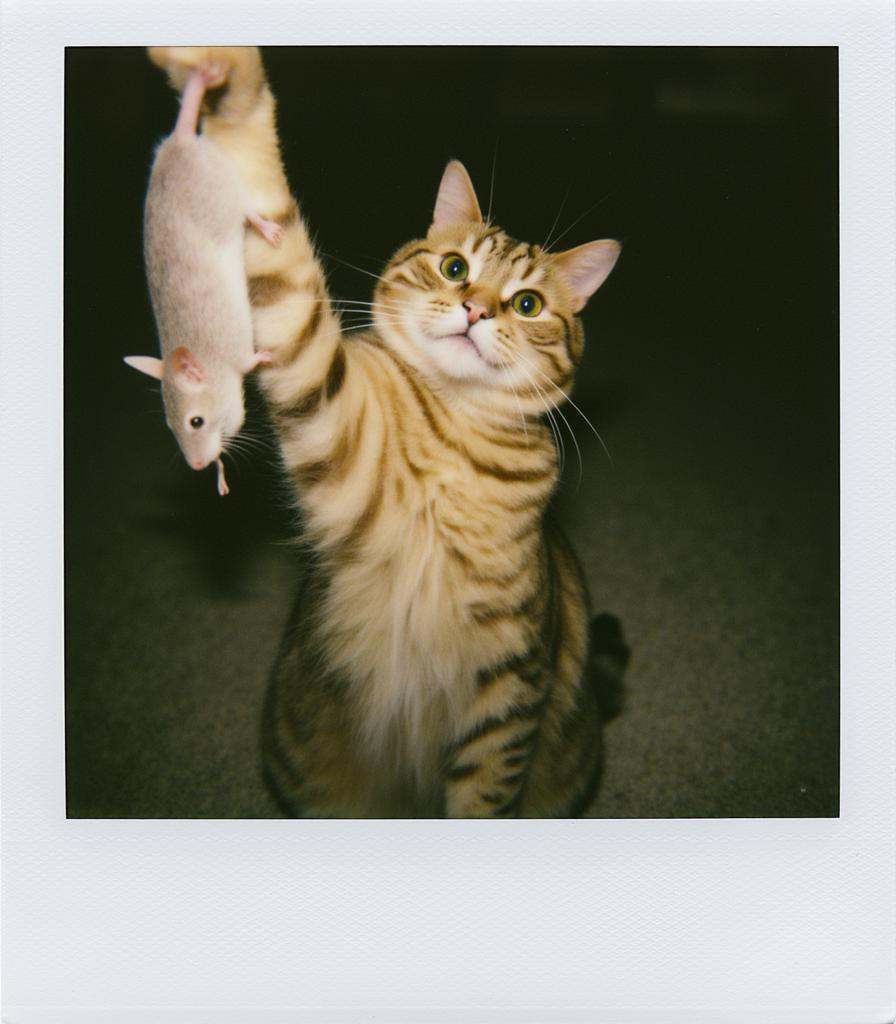 Polaroid frame of a cat looking very guilty as he holds a mouse upside down by the tail. on Tensor.Art