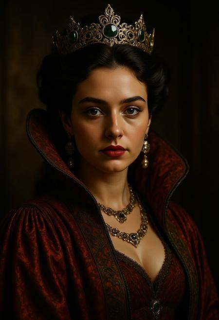 Low-key photography of a queen,  a beautiful young woman with intricate details. The image should capture the elegance and...