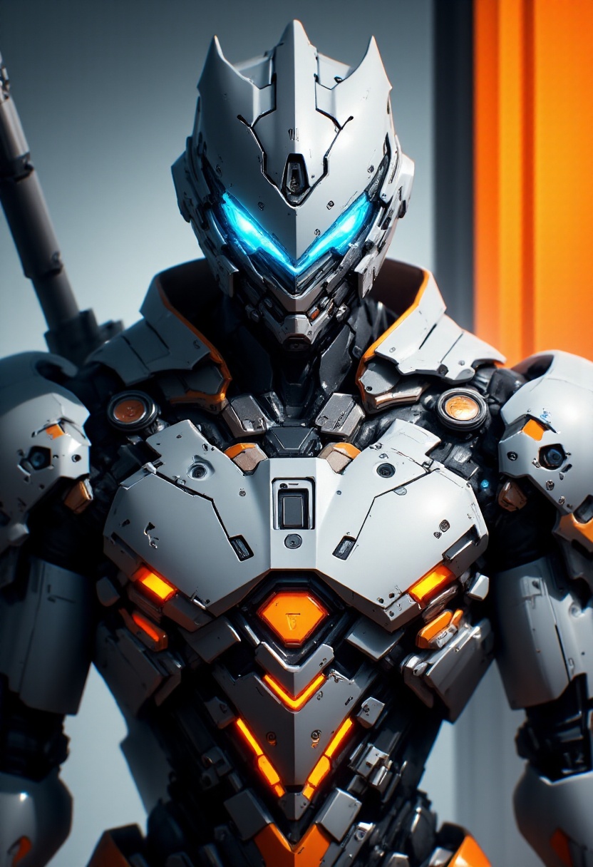 Image features a futuristic,  armored character in a highly detailed,  sci-fi style suit. The armor is predominantly metal...