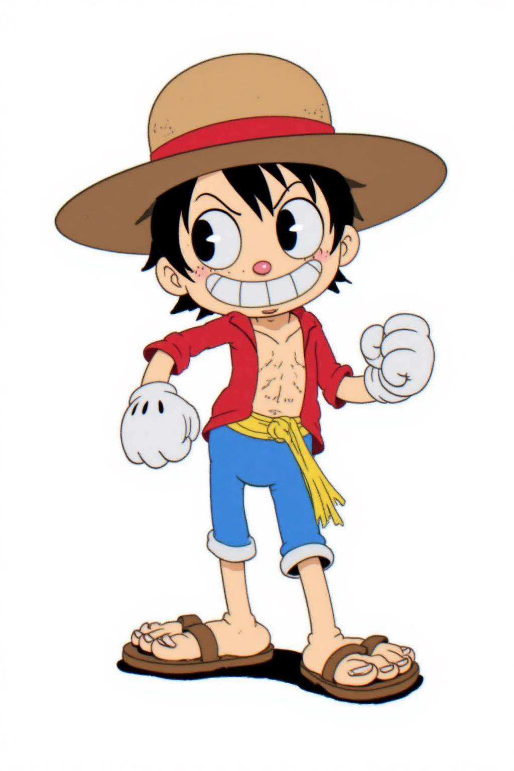 rubber hose animation style.Monkey D. Luffy from the anime One Piece,  with a large grin and spiky black hair. He wears a...