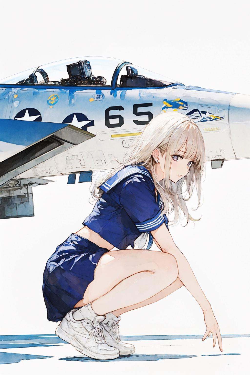 nijiwatercolor1q anime illustration. A young woman with long blonde hair,  wearing a blue sailor-style outfit and white sn...